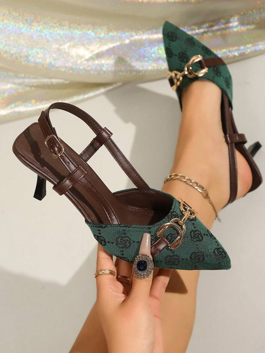 Glamour Look Pointed Toe Slingback Heels, Jacquard Stiletto Sandals With Metal Buckle, Glam Footwear For Anniversaries, Cocktail Parties - Green - View 1