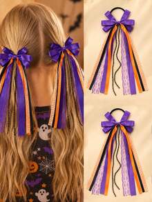 2pcs Halloween Bow Scrunchies For Kid Girls,Elegant Long-Tail Ribbon Plaid Hair Ties For Halloween Party,Day Of The Dead,Lace Headdress,Hair Accessory - Multicolor - View 7