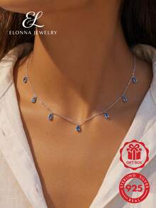 SYMFNY 1件925銀水滴形立方氧化鋯垂飾項鏈，度假必備 - 藍色 - 查看 2