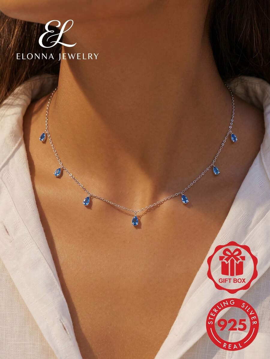 SYMFNY 1件925銀水滴形立方氧化鋯垂飾項鏈，度假必備