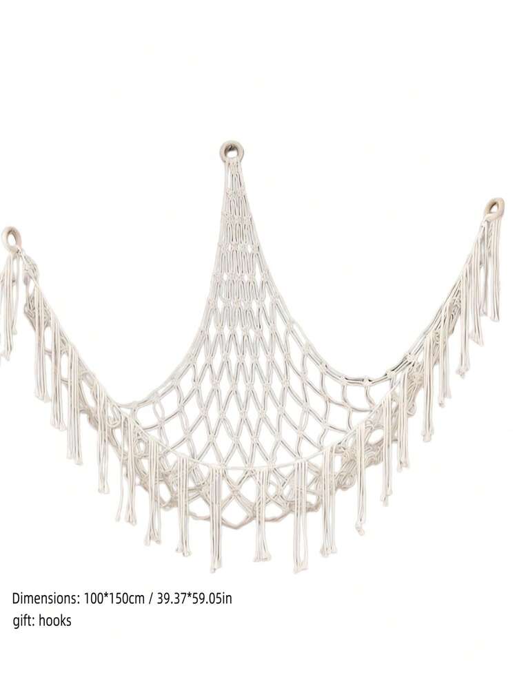 1 Bohemian Macrame Toy Hammock, Handmade, Large Corner Net Toy Storage Hanging Organizer For Stuffed Animals, Wall Decor For Bedroom, Cream White (String Lights Not Included), - White - View 2