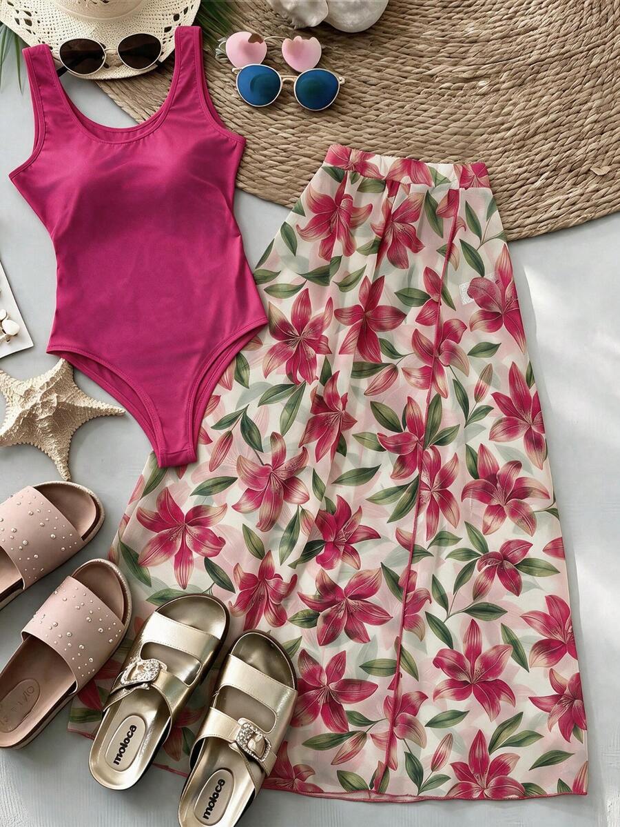 Summer Vacation Orange Women's Jumpsuit Set, 2-Piece Beach Dress Set, Slim Fit Flattering Elegant - Hot Pink - View 1