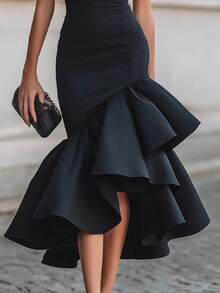 Trending 2026 Summer Short Sleeve Round Neck Ruched Bodycon High‑Low Ruffle Midi Dress, Elegant Cocktail Evening Gown For Wedding Guest & Date Night - Black - View 8