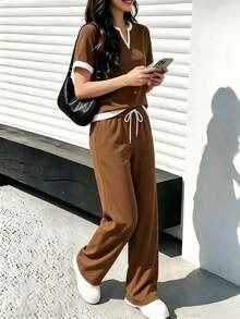 Spring/Autumn Women's New Casual Versatile Colorblock V-Neck Short Sleeve Top & High Waist Drawstring Straight Leg Pants 2-Piece Set Elegant - Brown 66 + Off-white - View 6