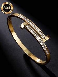 1/3pcs Popular Chinese Style Bamboo Knot Bracelet, Exquisite 3D Bamboo Knot Texture Craftsmanship, Paired With Shiny Double-Row Zirconia Stud Bracelet Two Styles, Warm Gold Tone Flattering To Skin Tone, 304 Stainless Steel For Sensitive Skin, Long-Term Wear Without Rusting Or Peeling. Gentle Style, Cool Style, Commuter Style One-Click Adaptation, Influencer Style Popular Bracelet, High Cost-Performance Perfect For Gifting. - Double Nail Bracelet - View 7