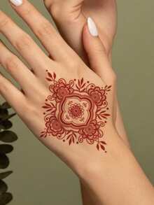 1張防水臨時假紋身貼，紅色海娜 Mehndi 方形曼陀羅花卉圖案紋身貼紙，異域風情女性手腕身體裝飾 - 紅色 - 查看 3