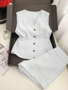 Women's Casual Solid Color Elegant Commuter Outfit Asymmetric Vest And Shorts Two Pieces Set With Buttons And Pockets, Summer White, Workplace To Weekend - White - View 4