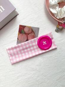 1pc Y2K Colorful Large Button Fabric Headband, Pink Plaid Bow Heart Print Wide Elastic Headscarf, Versatile Niche Hair Accessory For Girls - Multicolor - View 9