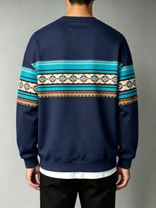 Men's Vintage Geometric Print Loose Drop Shoulder Long Sleeve Sweatshirt - Multicolor - View 5