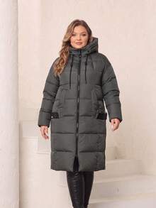 Astrid Plus Size Women's Winter Dropped Shoulder Long Sleeve Long Hooded Cotton Padded Coat - Dark Grey - View 2