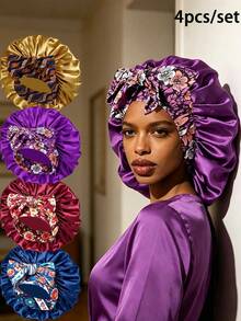 4pcs Women's Floral Print Bow Decor Satin Hair Caps, Soft Elastic Band, Silky Hair Protection Night Caps, Suitable For Daily Home Use - Multicolor 4pcs - View 31