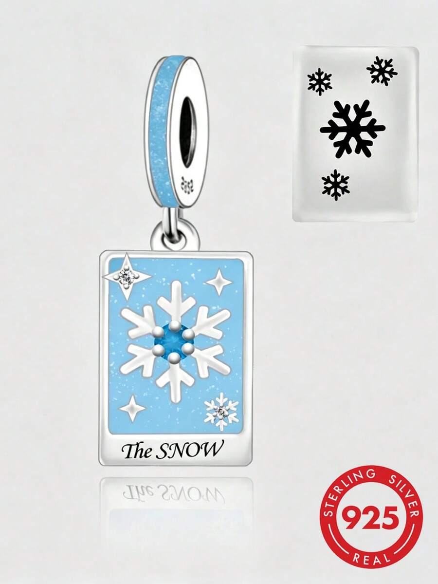 1pc S925 Sterling Silver Blue Glitter Epoxy Snowflake Square Charm With Zirconia, Ice & Snow English Card, DIY Bracelet Perforated Silver Bead Pendant - Silver - View 1