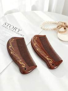 1pc/Portable Anti-Static Sandalwood Comb, New Chinese Style Gold-Painted Auspicious Cloud Pattern Curved Dolphin Handle Round Teeth No Scalp Scratching Scalp Massage Relaxing Hair Care Comb, Birthday Gift Valentine's Day Gift Daily Home Travel All Seasons - Portable Hair Comb - View 3