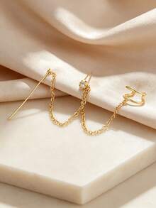 1pc Inlaid Cubic Zirconia Chain Delicate Earrings, Suitable For Women's Daily Wear, Dating, And Party - Yellow Gold - View 3