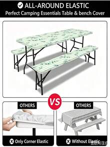 3 PiecesPicnic Tablecloth Set With Bench Cover, Elastic Edge Design, Floral Line Pattern, Washable Rectangular Tablecloth, Suitable For Wedding, Camping, Picnic, Garden Party And More, Practical Essential - F - View 8