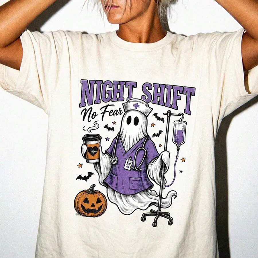 Night Shift Nurse Halloween Shirt, Ghost RN TShirt, Spooky Season Healthcare Tee, Gift For Nursing Graduate Shirt, T-Shirt - Apricot - View 1