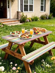 Juego de 3 piezas de mantel para picnic con funda para banco, diseño de borde elástico, patrón a rayas, mantel rectangular lavable, adecuado para bodas, camping, picnics, fiestas en el jardín y talla grande, esencial práctico - D - Ver 5