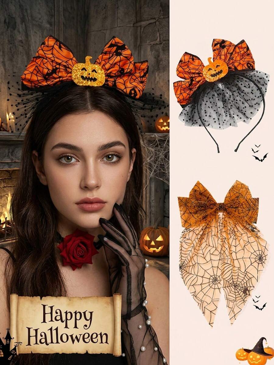 2pcs Halloween Pumpkin Spider Web Bow Headband & Spring Clip Set, Orange Tulle Hair Accessories For Women Girls Cosplay Party Gothic Costume Styling - Multicolor - View 1