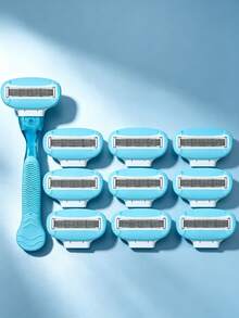 1 Razor Holder + 12/24/36 Replacement Blades Women's Manual Shaving Razor, Light Blue Smooth Shaver, Wavy Non-Slip Handle, 5-Layer Stainless Steel Blades Gentle Skin-Friendly Razor, Suitable For Legs, Underarms, Bikini Line, Full Body Hair Removal, Washable Portable Hair Removal Tool, Daily, Travel, Specialized, Women's Gift Choice, Eid Al-Adha / Mother's Day Hot-Selling Reusable Shaving Set - 1 Handle + 12 Replacement Blades - View 5