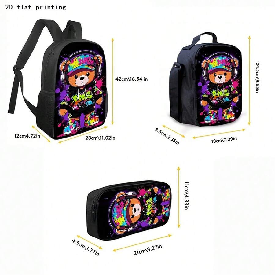 Graffiti Bear Backpack With 2D Flat Print, Large Capacity, Lightweight, Durable, Shoulder Bag, Colorful Splatter Street Headphone Bear Art Print, Suit - Style 3 - View 1