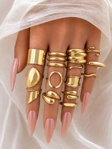 14pcs/Set Vintage Smooth Rings Set, Women's Geometric Creative Asymmetrical Finger Rings, Daily Punk Style Jewelry Accessories - Yellow Gold - View 1