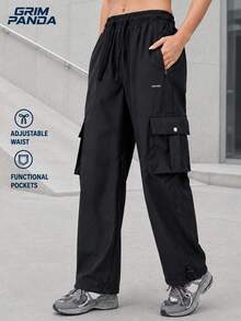 GRIM PANDA Women Fall Cargo Pants Adjustable Drawstring Waist Functional Pockets Adjustable Cuffs Wide Leg Casual Hiking Travel Outdoor Sports Black - Black - View 7