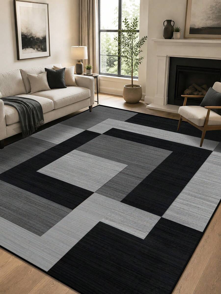 1 buah Karpet Bermotif Geometris, Hitam Putih Abu-abu, Poliester Cetak Persegi Panjang, Mudah Perawatan, Dapat Dicuci, Cocok untuk Ruang Tamu, Lorong, Samping Tempat Tidur, Ruang Duduk, Kamar Tidur, Kantor, Dapur, Dekorasi Rumah Gaya Pedesaan - MultiWarna - View 1