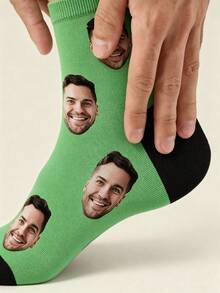 1 Pair Customizable Neutral Face Socks, Add Your Own Photo Design Exclusive Socks, Couple Style, Suitable For Family - Green - View 4