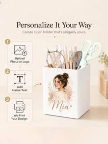 Personalized Photo/Name Desktop Storage Box & Pen Holder - Customized Photo Name Plate, Suitable For Office, Studio - Rounded Corner Storage Box, Can Store Makeup Brushes, Art Supplies, Pens - Teacher Gift, High-Quality Customized Gift - Multicolor - View 3