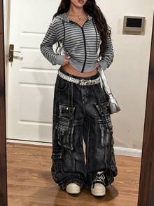 Y2K Grey Black Stripe Cropped Zip Hoodie Slim Fit Long Sleeve Drawstring Soft Comfortable Streetwear Jacket For Spring Autumn Winter - Grey - View 4