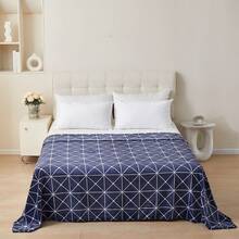 Soft Flannel Blanket With White Geometric Line Pattern On Navy Blue, Lightweight Polyester Throw For Bed, Sofa And Camping, Multiple Sizes - Blue - View 5