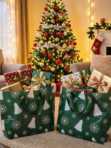 Christmas Style Green Background Snow Tree Tote Bag, Gift Bag, Shopping Bag, Fully Allover Print White Christmas Tree And Snowflake Pattern, Rich And Fresh Christmas Atmosphere, Suitable For Christmas Gifts, Small Businesses, Party Favors - Multiple Styles - View 3