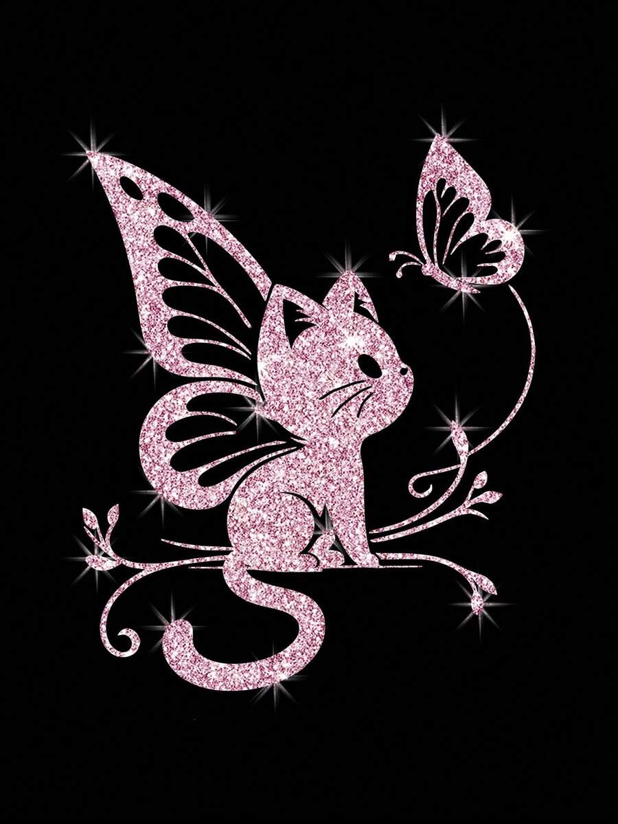 Pink Cute Cat & Butterfly Pattern Car Decorative Stickers, Shiny Sandblasted Finish, For Car Windows And Body - A - View 1
