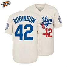 Men's #42 Legendary Jackie Robinson Beige Embroidered Baseball Jersey, 1955 Champion Vintage Commemorative Baseball Apparel, Fan Gift - Beige - View 2