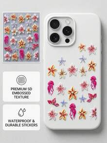 1 Set Deep Sea Jellyfish Ocean Flower Embossed Stickers, Jellyfish Starfish Floral Pattern, Raised Texture Premium Quality, Can Be Arranged Freely, DIY Your Own Exquisite Portable Accessory Appearance - Jellyfish Ocean Flower - View 2