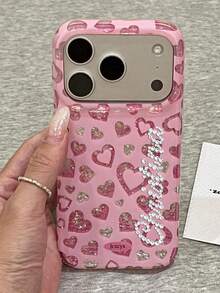 Personalized Engraved Rhinestone Name Stylish Full Screen Sequins Pink Hearts Solid Color Phone Case Compatible With IPhone 17 Pro Max 17 Pro 17 16 Pro Max 16 Pro 16 15 Pro Max 15 Pro 15 14 Pro Max 14 Pro 14 13 Lovely Sweet Shockproof Protective Cover - Pink - View 5
