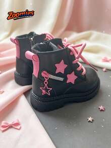 1 Pair Girls' Cute Fashion Boots, Star Decor, Non-Slip Breathable Durable, Children's Casual Boots, All Season Single Boot - Black - View 2