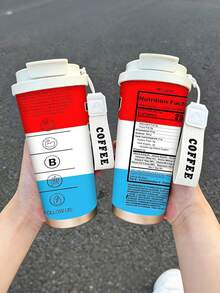 1pc/5pcs 500ml Fun Nutrition Label Theme Insulated Coffee Mug With Handle And Lid, Red White Blue Color Block Graphic Print With Vitamin Text Icons, Stainless Steel Reusable Cup, Suitable For Commute, Outdoor, Gift - Red and Blue - View 3
