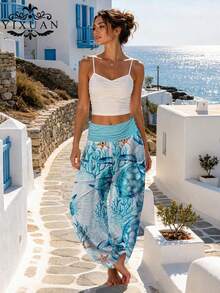 YI XUAN Plus Size Knitted Fabric Harem Pants, Ruched Waistband, Turtle And Coral Print, Long Wide Leg Lantern Pants, Suitable For Spring And Autumn Casual Vacation - Blue - View 11