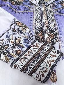 女款波西米亞風大尺碼前排扣襯衫，長袖翻領漸層印花上衣，無彈性梭織面料，標準版型 - 淡紫色 - 查看 5