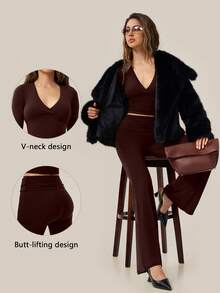 TimeOff Setelan Olahraga Wanita Satu Set Warna Polos, Kerah V Dalam, Model Lipat Depan, Lengan Panjang, Pinggang Lipat, dan Celana Lebar - Coffee Brown - View 1