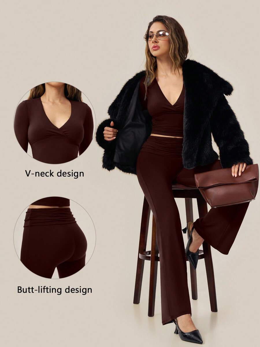 TimeOff Setelan Olahraga Wanita Satu Set Warna Polos, Kerah V Dalam, Model Lipat Depan, Lengan Panjang, Pinggang Lipat, dan Celana Lebar - Coffee Brown - View 1