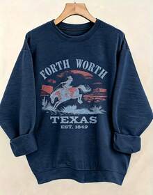 Women's Western Style Fort WorthTexasEST1849CowboyPatternHoodieSoftCrewNeckPulloverWith Cactus And Longhorn DesignComfortableCasualLongSleeve Sweater - 藏青色3 - 查看 3