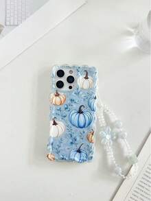Pumpkin Painted Twisted Wavy Edge Transparent Phone Case With Attached Bracelet, Flat Print, Anti-Drop, Fashionable Cute, Suitable For IPhone 17/17 Pro/17 Pro Max/16/16 Pro/16 Pro Max/16 Plus/14/15/P14/P13/P12/P11, Thickened Soft Full Coverage Creative Phone Case - Multicolor - View 7