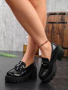 Women's Wedge Heel Thick Sole Slip-On Loafers, Business Punk Pure Metal Decor, Office Wear - Black - View 2