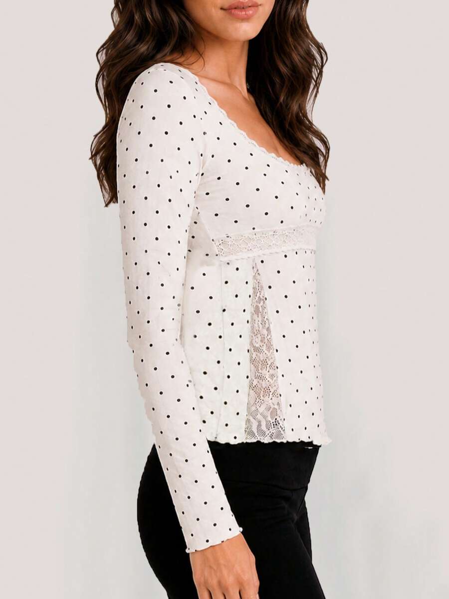 Polka Dot Lace Square Neck Long Sleeve T-Shirt Women French Style Ruffle U-Neck Side Waist Hollow Out Lace Patchwork Slim Fit Cropped Base Layer - Apricot - View 1