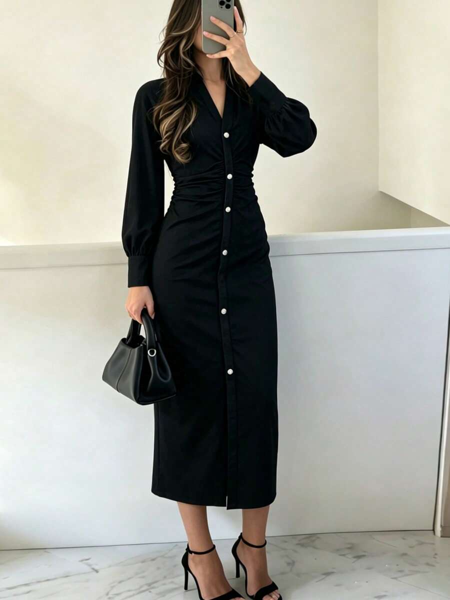 Gaun Wanita Lengan Panjang Kancing Depan Warna Polos, Elegan dan Serbaguna, Desain Gaya Vintage Prancis, Cocok untuk Pemakaian Sehari-hari, Acara Pesta, dan Perjalanan Liburan - Hitam - View 1