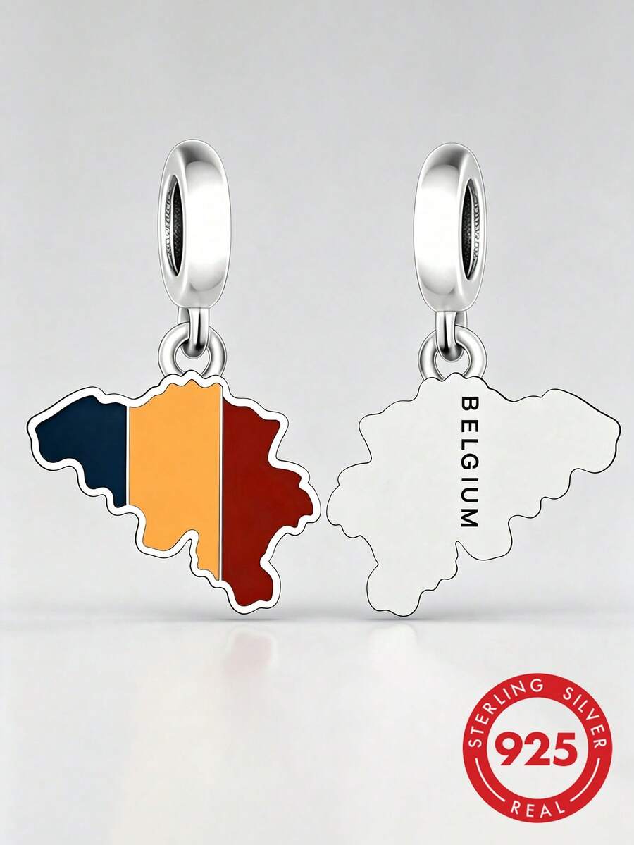 1 buah Liontin Manik Belgia Perak Sterling 925, Liontin Enamel Bendera, Hadiah Perhiasan Eropa Unisex - Perak - View 1