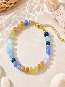 1 pieza Pulsera de mujer de verano con cuentas de piedra multicolor, accesorios de cobre chapados en oro de 18K, joyería casual diaria para parejas - Multicolor - Ver 5