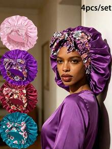 4pcs Women's Floral Print Bow Decor Satin Hair Caps, Soft Elastic Band, Silky Hair Protection Night Caps, Suitable For Daily Home Use - Multicolor 4pcs - View 33
